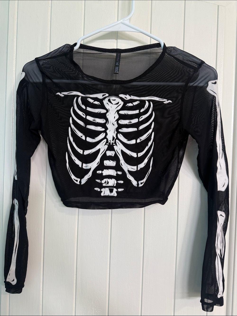 Black Mesh Skeleton Crop Top with White Bone Print sz small
